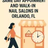 Woman walking into an open nail salon next to a clock, symbolizing time-sensitive service.
